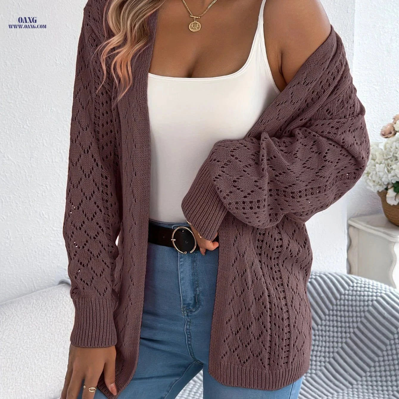 OAXG Casual Hollow Out Long Sleeve Cardigan - Women’s Autumn Sweater   OAXG White / S