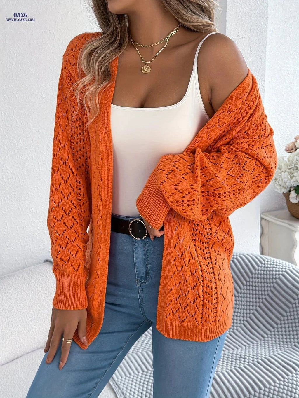 OAXG Casual Hollow Out Long Sleeve Cardigan - Women’s Autumn Sweater   OAXG White / S