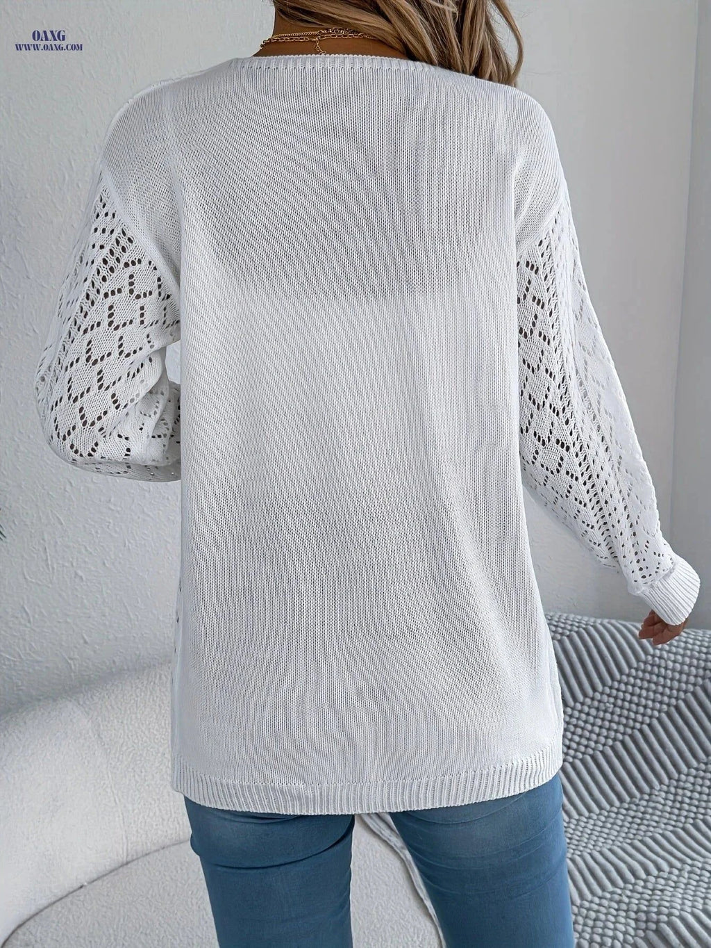 OAXG Casual Hollow Out Long Sleeve Cardigan - Women’s Autumn Sweater   OAXG White / S