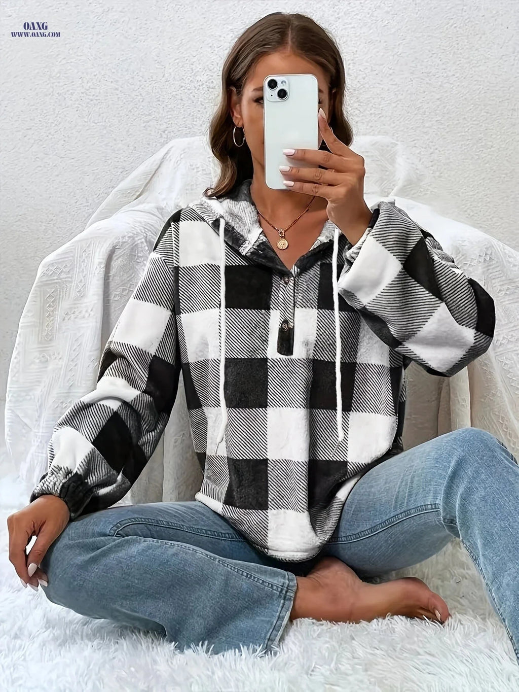 OAXG Casual Hooded Hoodie - Black & White Checkered Style   OAXG 