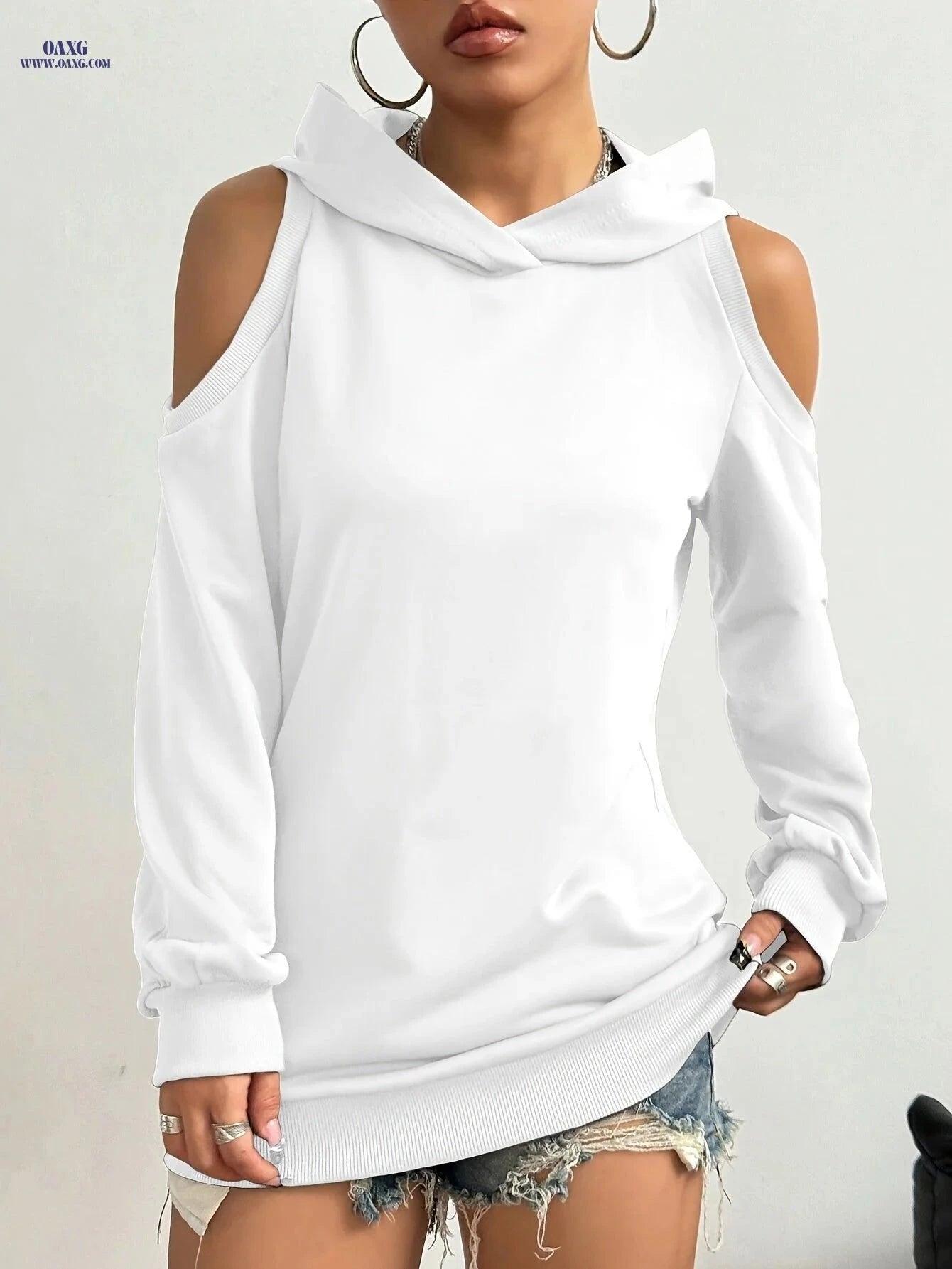 OAXG Casual Hooded Off-Shoulder Sweatshirt - Solid Color Women’s Fashion   OAXG 