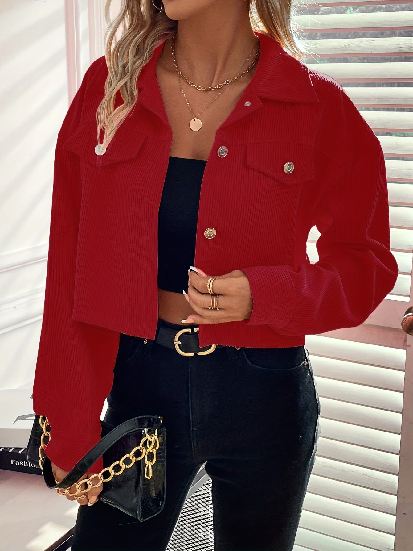 OAXG Casual Jacket for Autumn/Winter - 100% Polyester, Button Detail   OAXG Red / S