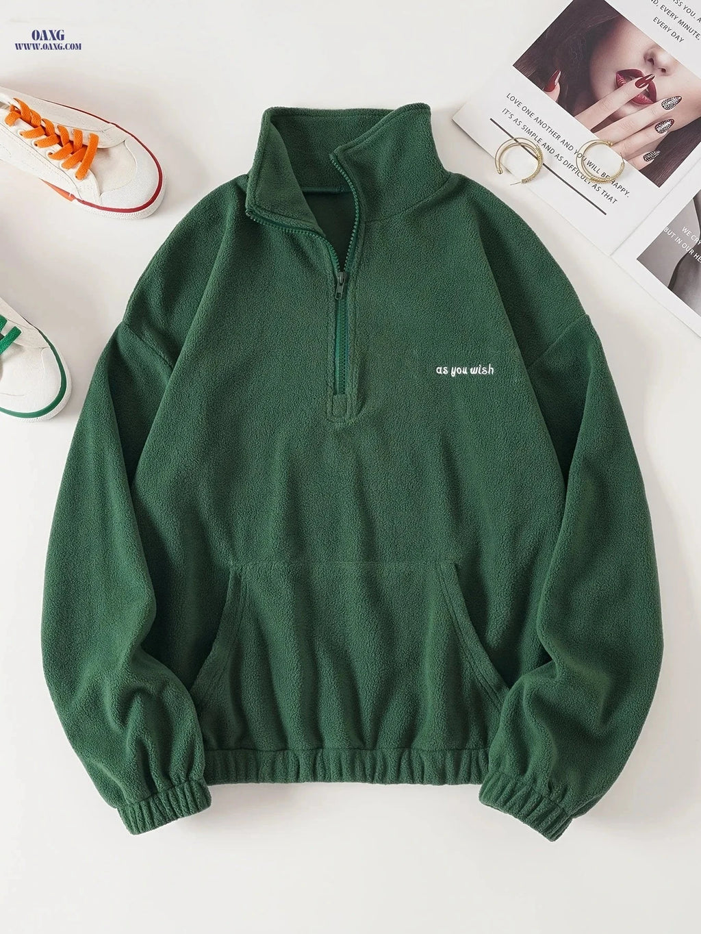 OAXG Casual Long Sleeve Sweatshirt - Zipper Neck & Pocket Design   OAXG 