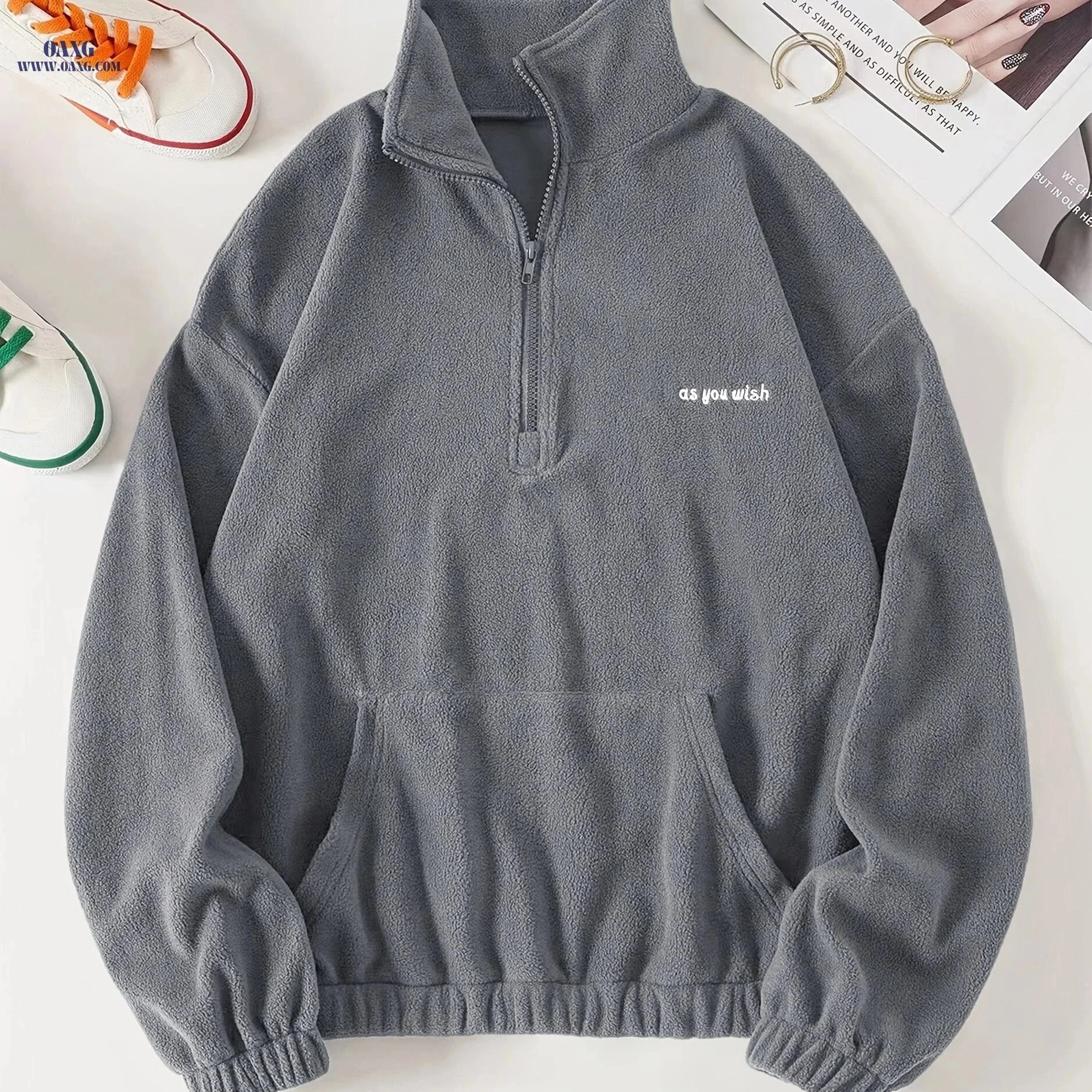 OAXG Casual Long Sleeve Sweatshirt - Zipper Neck & Pocket Design   OAXG 