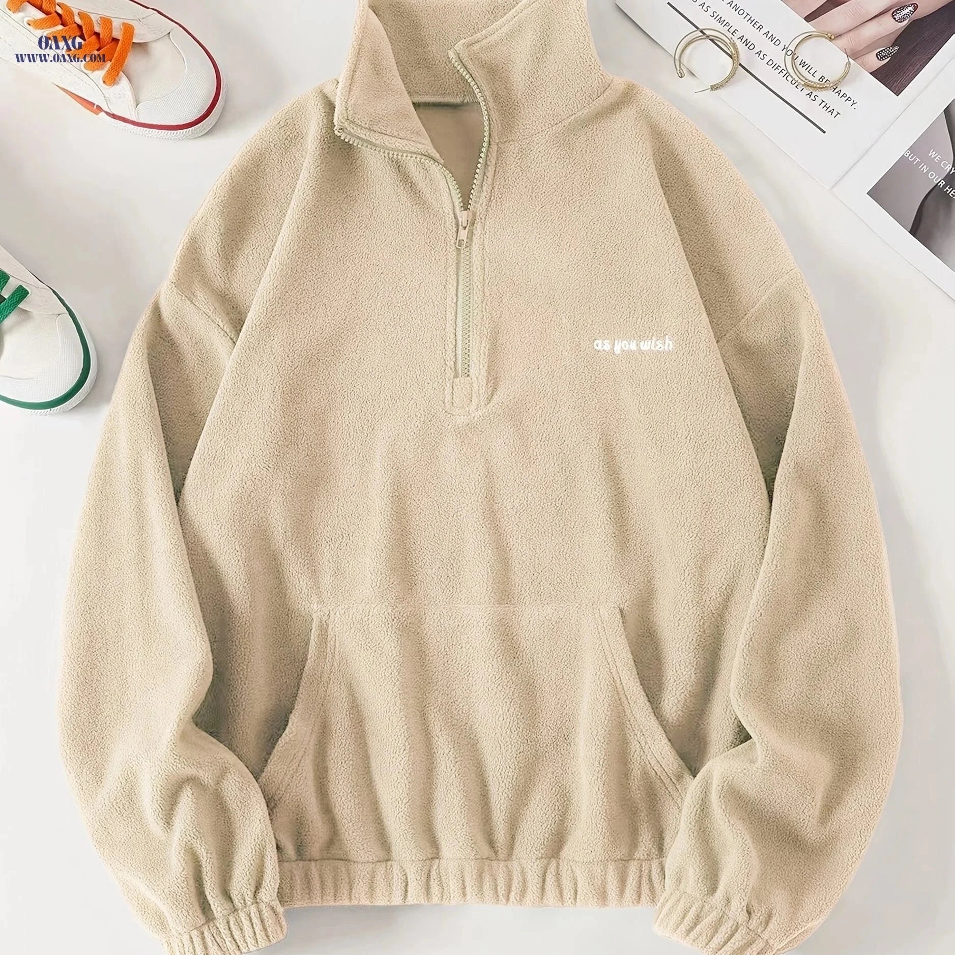 OAXG Casual Long Sleeve Sweatshirt - Zipper Neck & Pocket Design   OAXG 