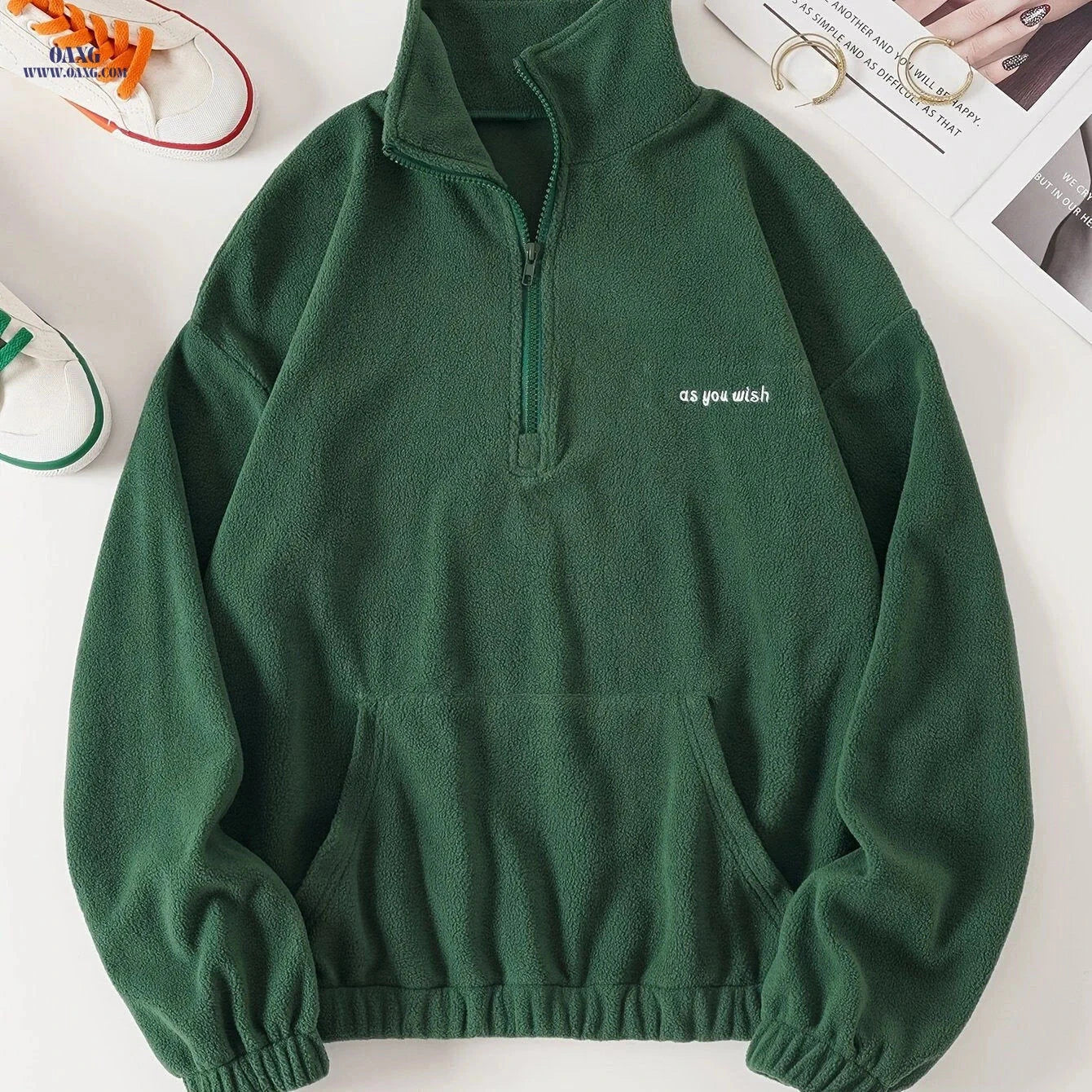 OAXG Casual Long Sleeve Sweatshirt - Zipper Neck & Pocket Design   OAXG 