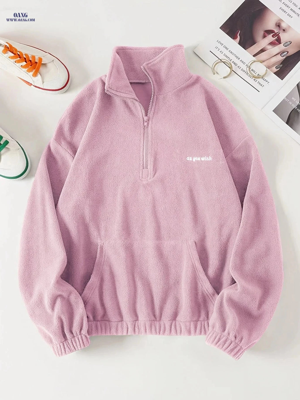 OAXG Casual Long Sleeve Sweatshirt - Zipper Neck & Pocket Design   OAXG 