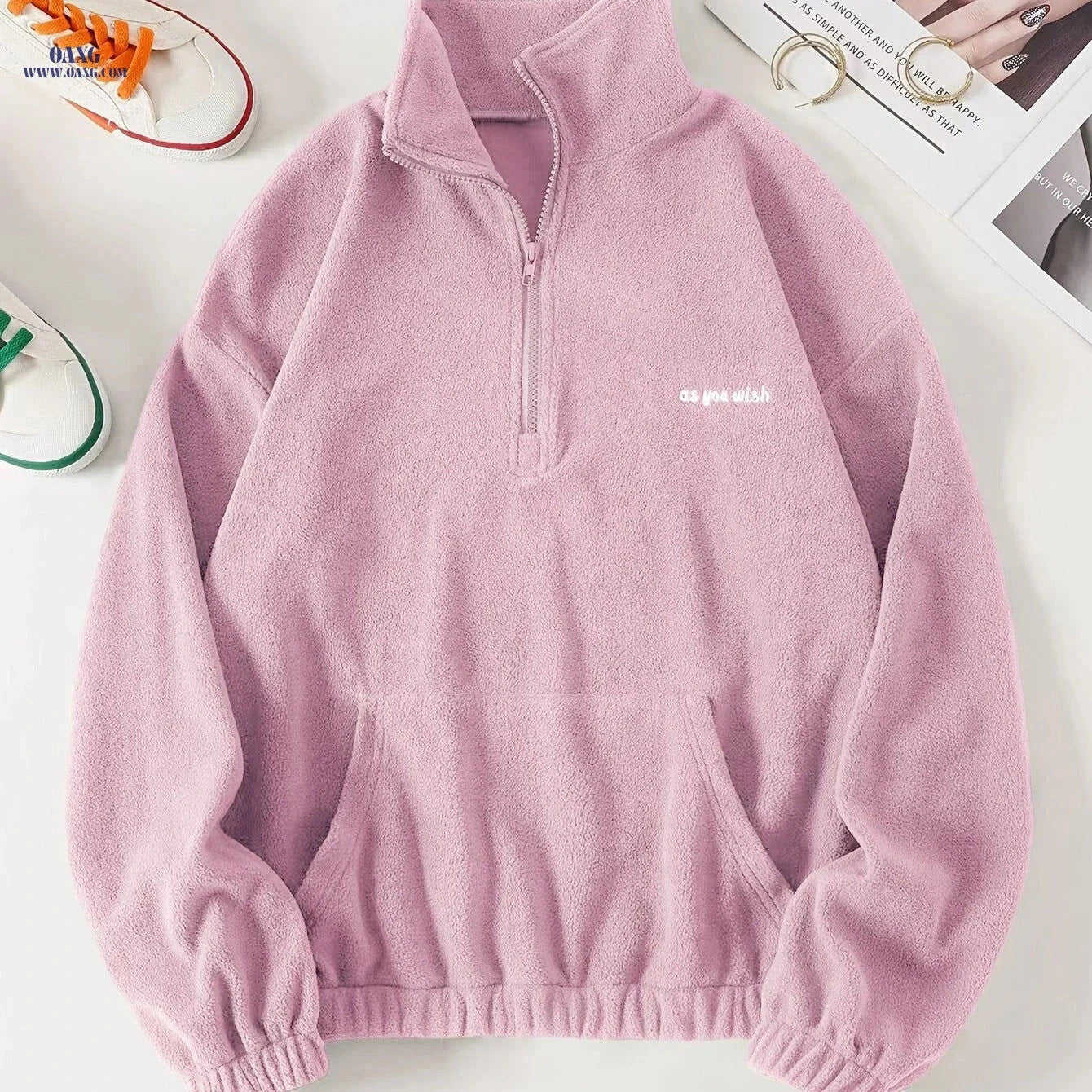 OAXG Casual Long Sleeve Sweatshirt - Zipper Neck & Pocket Design   OAXG 