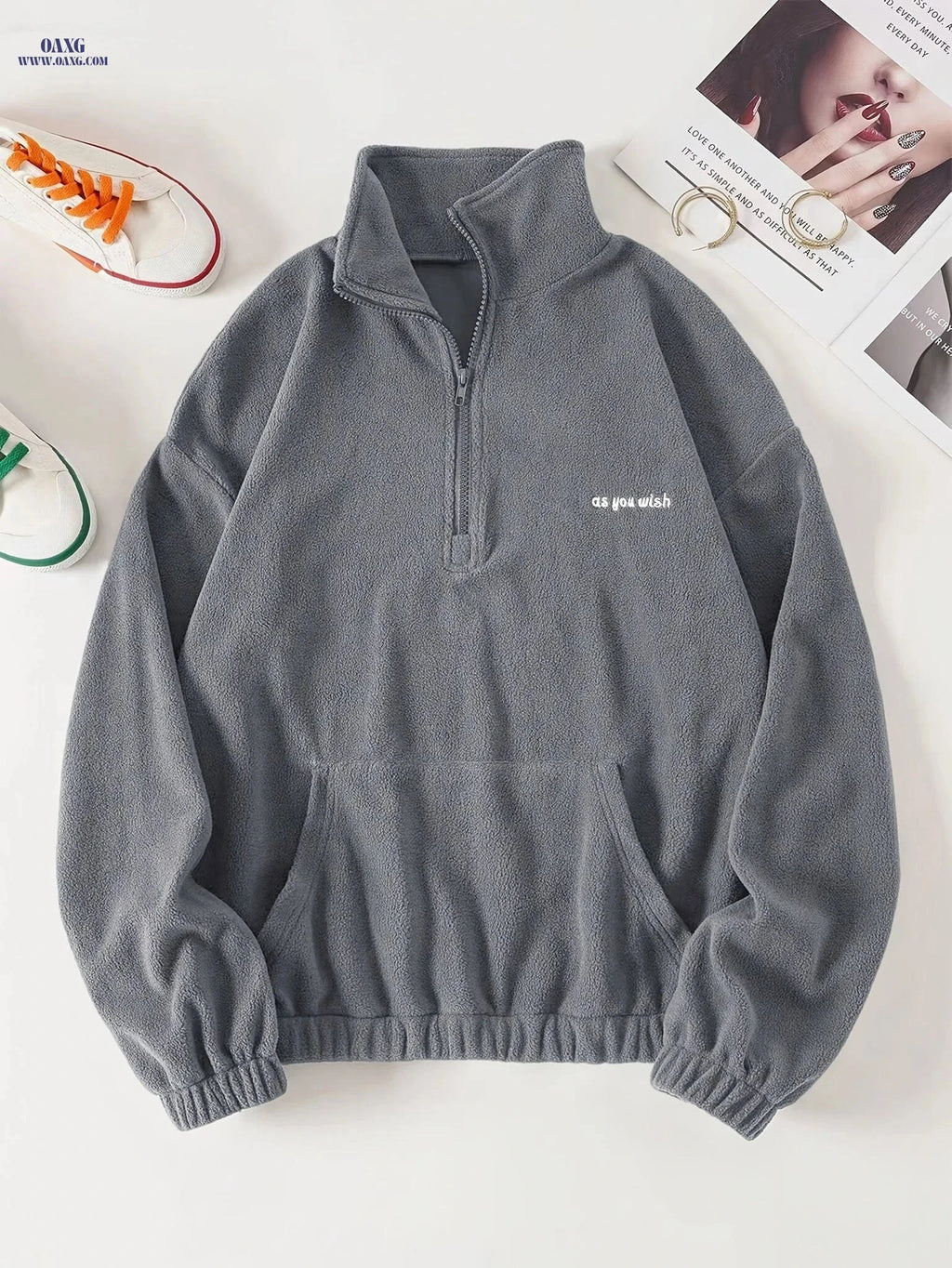 OAXG Casual Long Sleeve Sweatshirt - Zipper Neck & Pocket Design   OAXG 