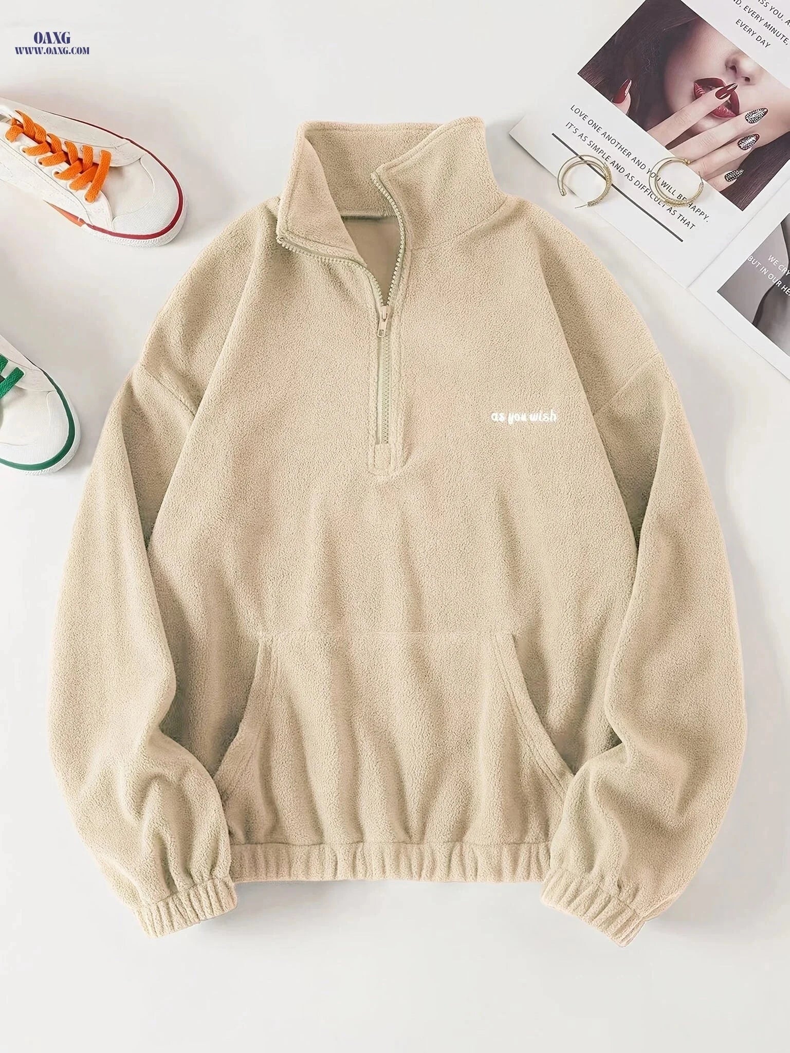 OAXG Casual Long Sleeve Sweatshirt - Zipper Neck & Pocket Design   OAXG 