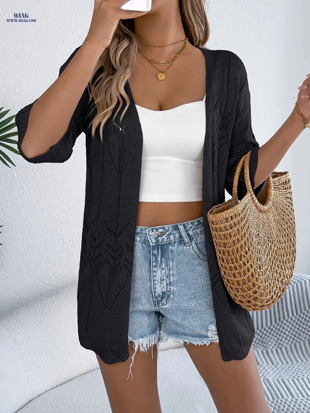 OAXG Casual Short-Sleeve Hollow Cardigan Shirt - Spring/Summer Style   OAXG Purple / S