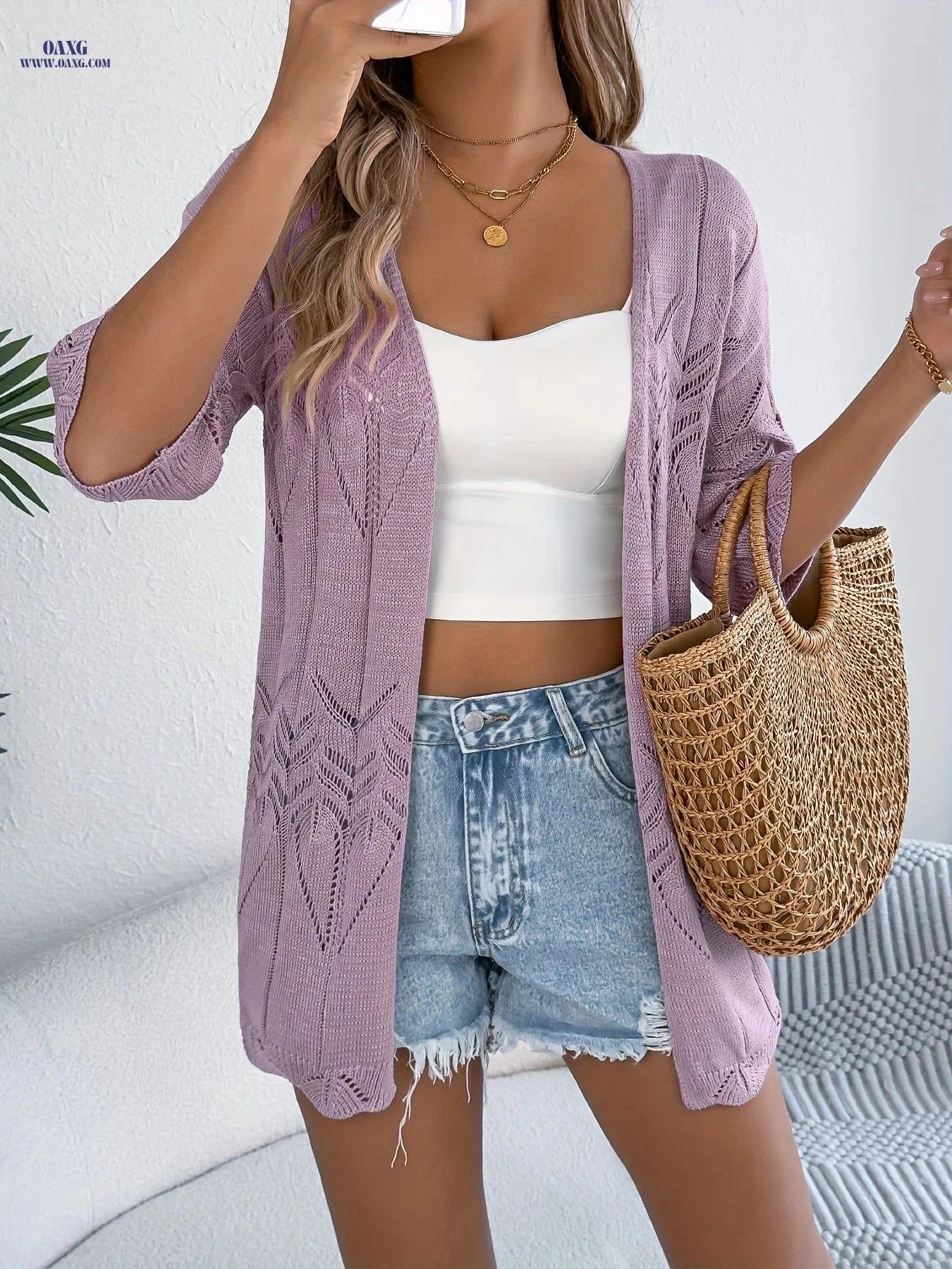 OAXG Casual Short-Sleeve Hollow Cardigan Shirt - Spring/Summer Style   OAXG Purple / S