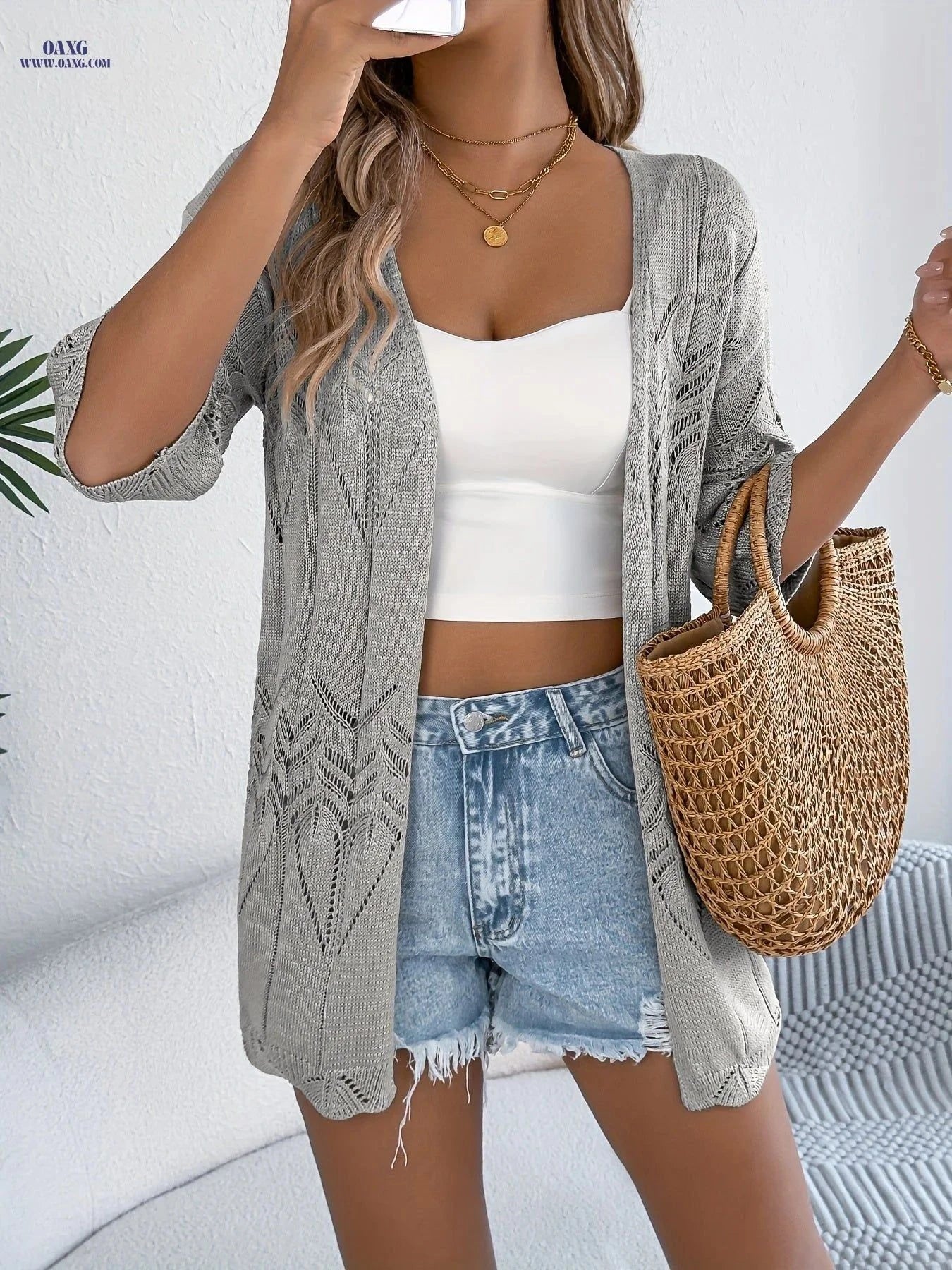 OAXG Casual Short-Sleeve Hollow Cardigan Shirt - Spring/Summer Style   OAXG Purple / S