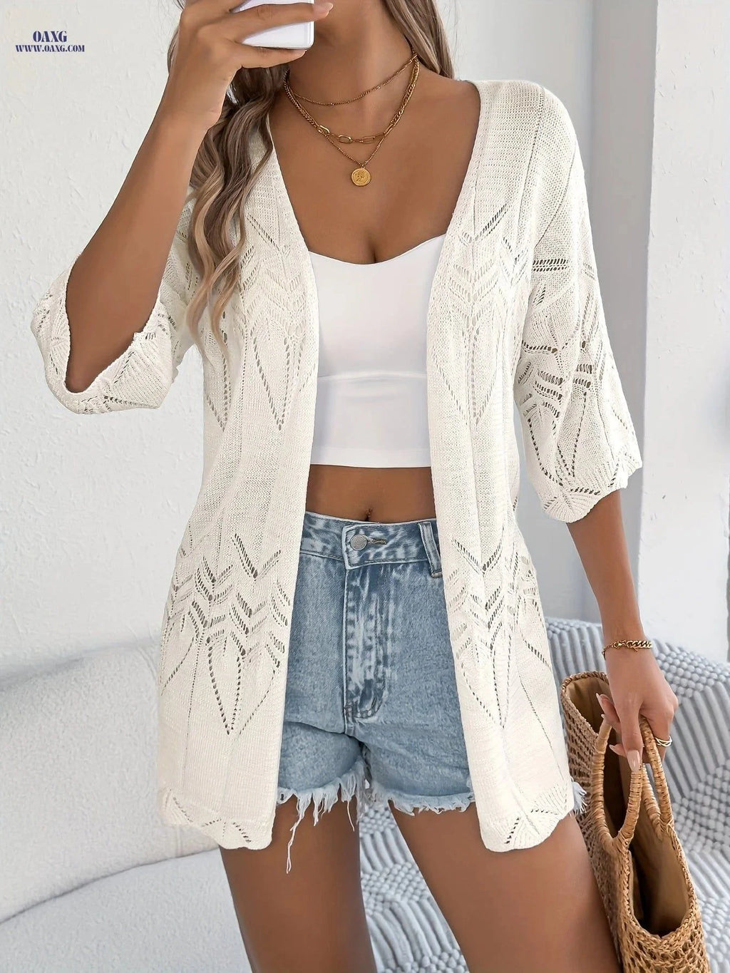 OAXG Casual Short-Sleeve Hollow Cardigan Shirt - Spring/Summer Style   OAXG Purple / S