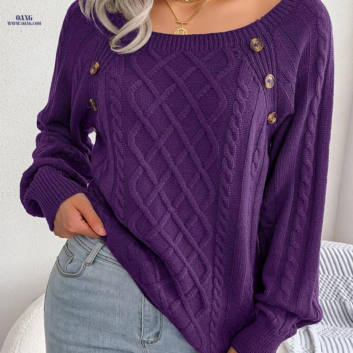 OAXG Casual Solid Color Pullover Sweater - Square Neck, Long Sleeve   OAXG Orange / S
