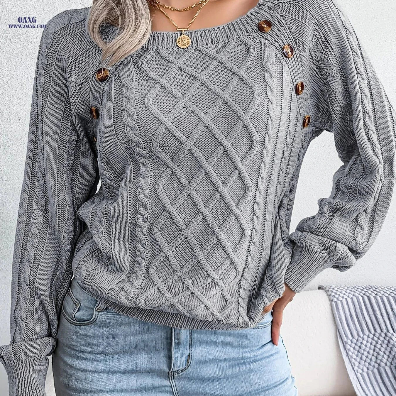 OAXG Casual Solid Color Pullover Sweater - Square Neck, Long Sleeve   OAXG Orange / S