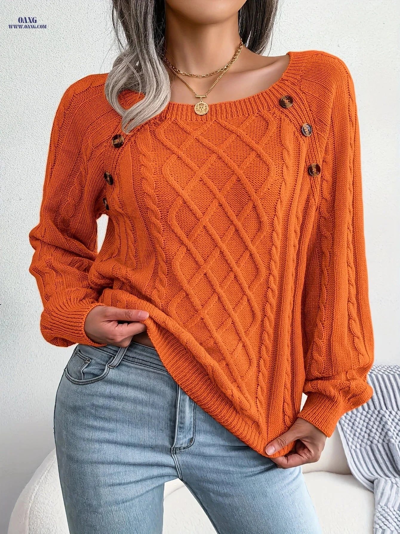 OAXG Casual Solid Color Pullover Sweater - Square Neck, Long Sleeve   OAXG Orange / S