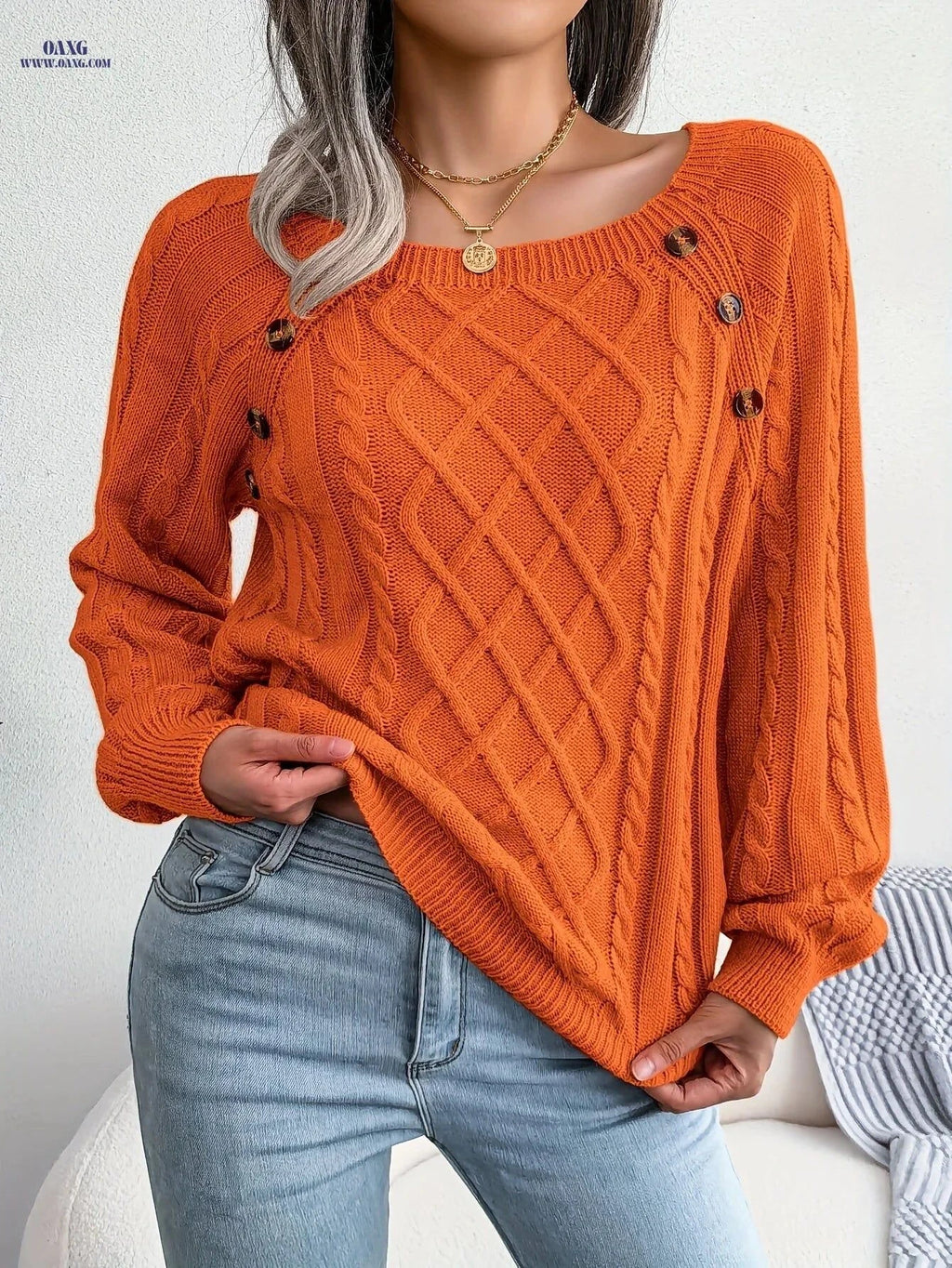 OAXG Casual Solid Color Pullover Sweater - Square Neck, Long Sleeve   OAXG Orange / S