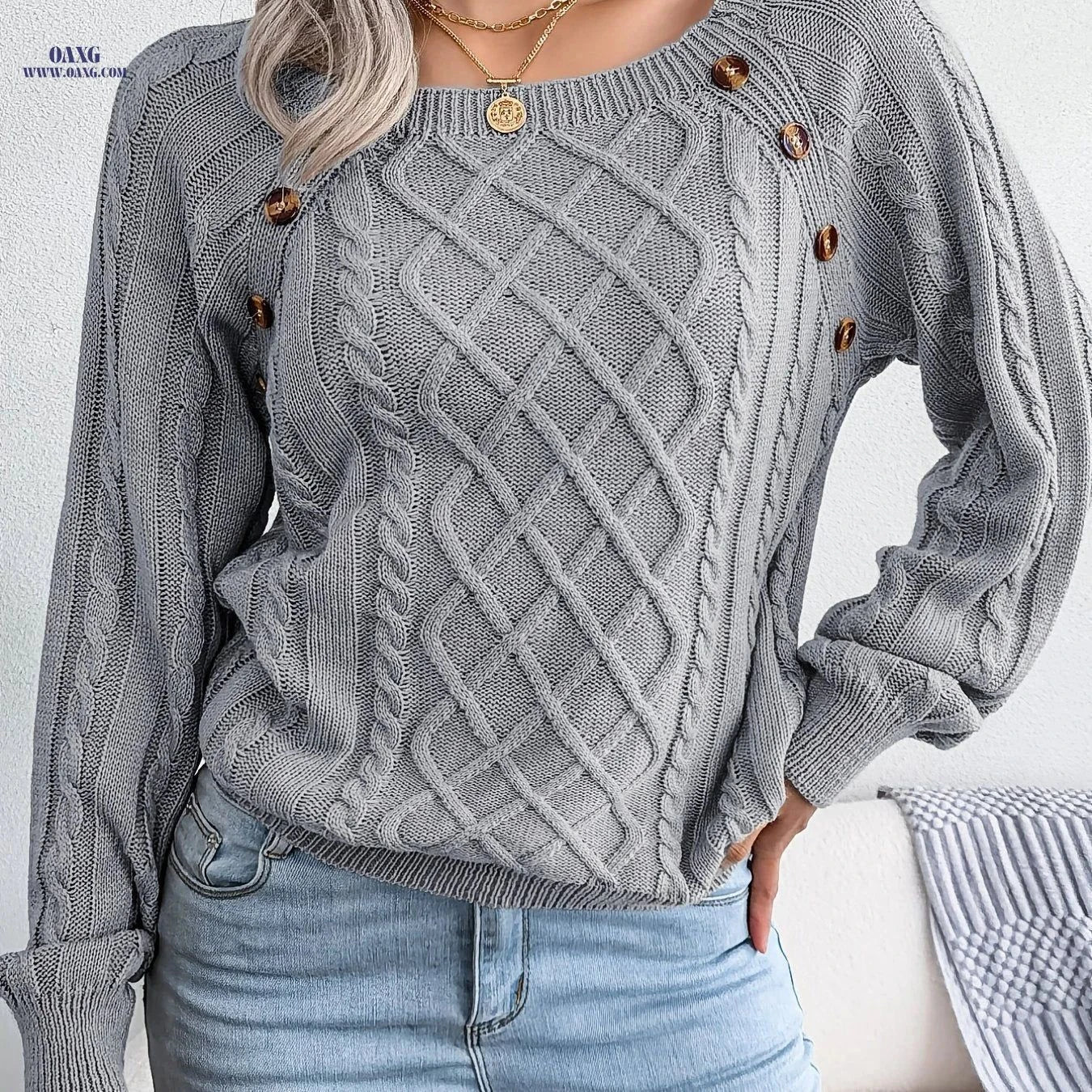 OAXG Casual Solid Color Pullover Sweater - Square Neck, Long Sleeve   OAXG Orange / S