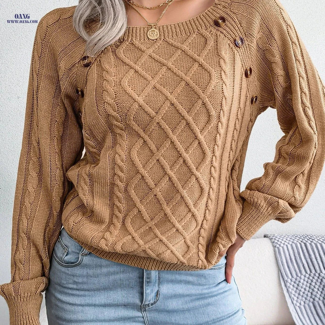 OAXG Casual Solid Color Pullover Sweater - Square Neck, Long Sleeve   OAXG Orange / S