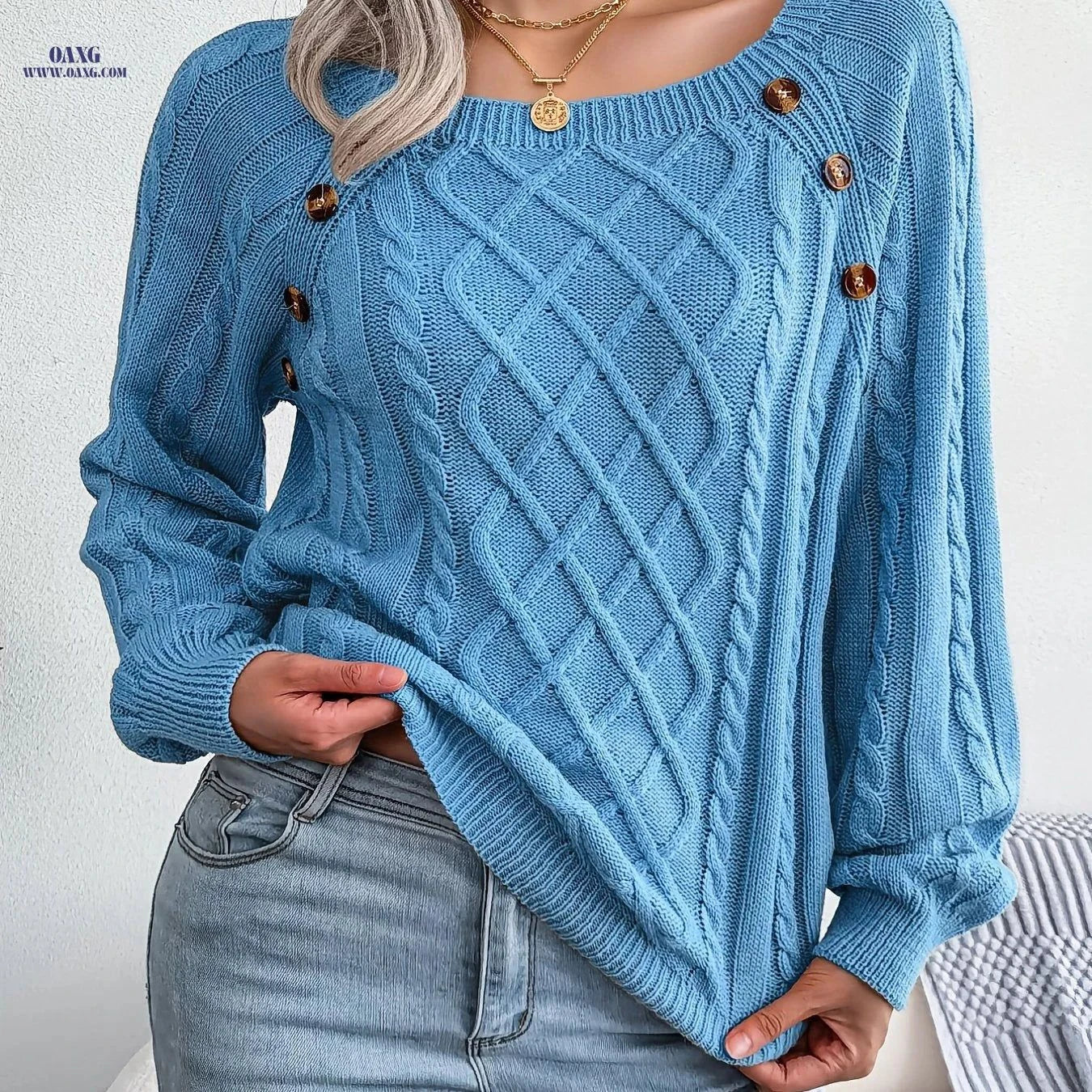 OAXG Casual Solid Color Pullover Sweater - Square Neck, Long Sleeve   OAXG Orange / S