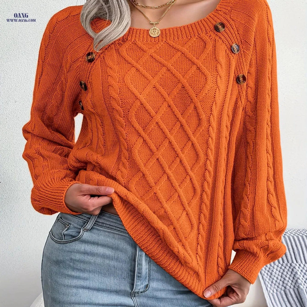 OAXG Casual Solid Color Pullover Sweater - Square Neck, Long Sleeve   OAXG Orange / S