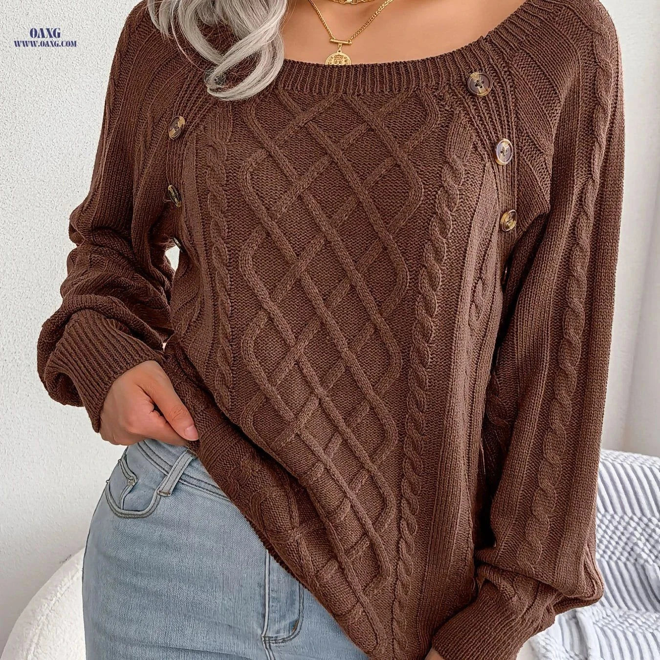 OAXG Casual Square Neck Pullover Sweater - Long Sleeve, Solid Color   OAXG Orange / S