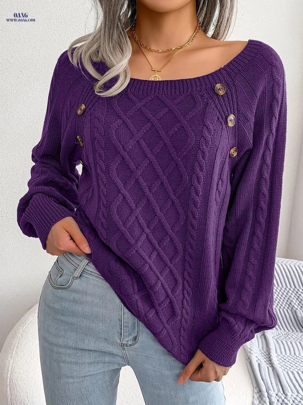 OAXG Casual Square Neck Pullover Sweater - Long Sleeve, Solid Color   OAXG Orange / S