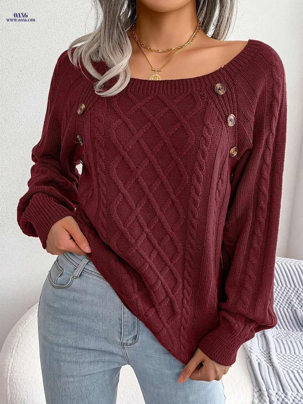 OAXG Casual Square Neck Pullover Sweater - Long Sleeve, Solid Color   OAXG Orange / S