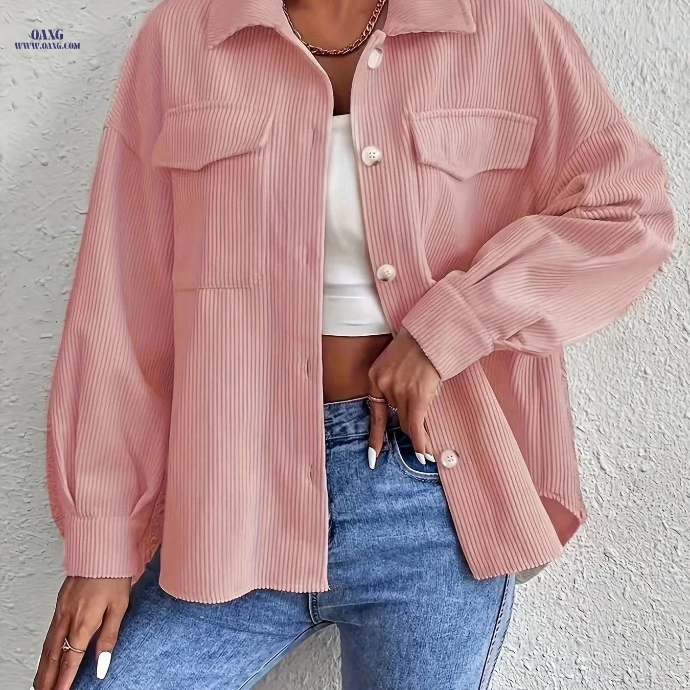 OAXG Casual Striped Jacket - Solid Color, Long Sleeve for Fall/Winter   OAXG Apricot / S