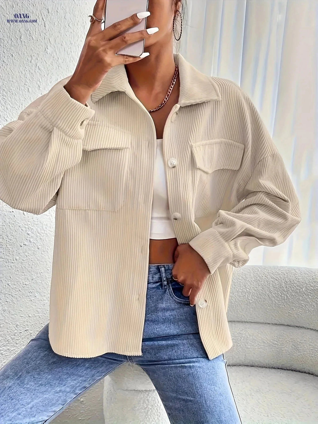 OAXG Casual Striped Jacket - Solid Color, Long Sleeve for Fall/Winter   OAXG Apricot / S