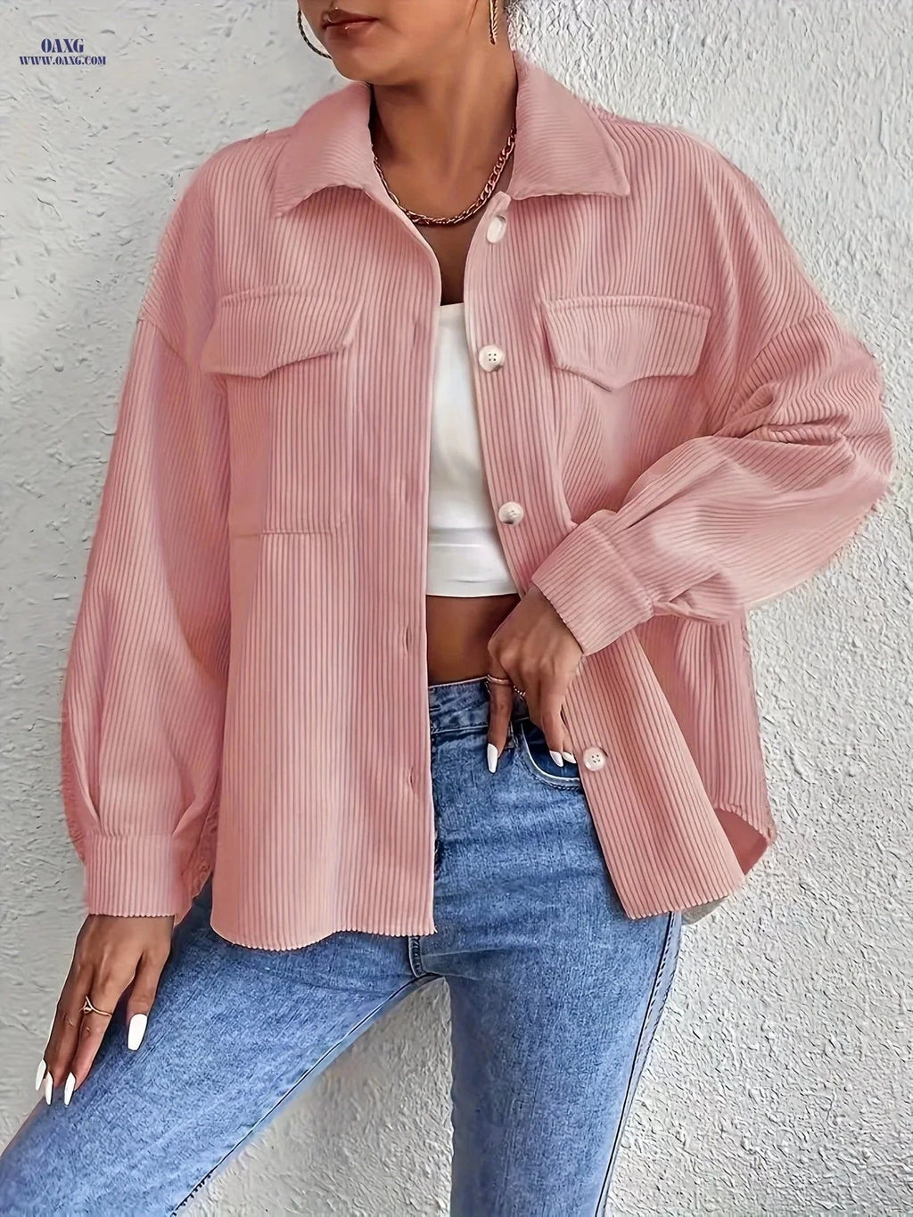 OAXG Casual Striped Jacket - Solid Color, Long Sleeve for Fall/Winter   OAXG Apricot / S