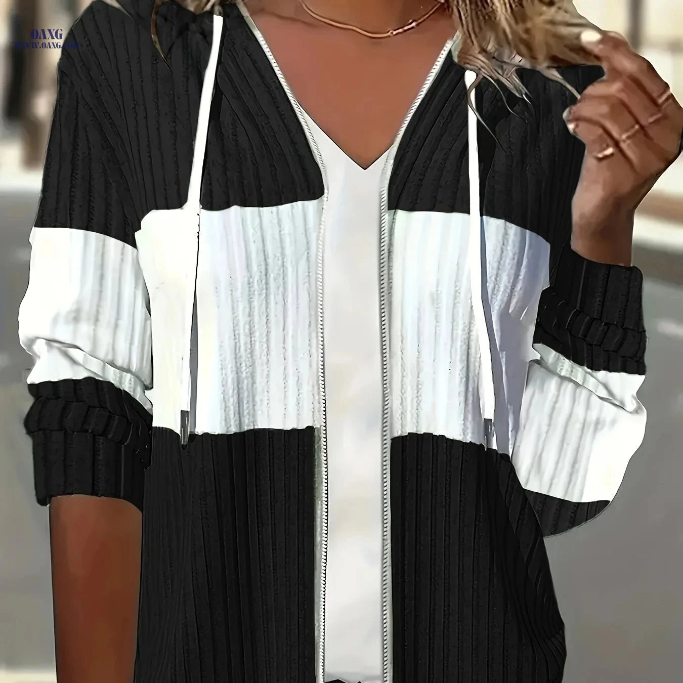 OAXG Casual Striped Patchwork Hoodie - Color Block, Long Sleeve   OAXG 