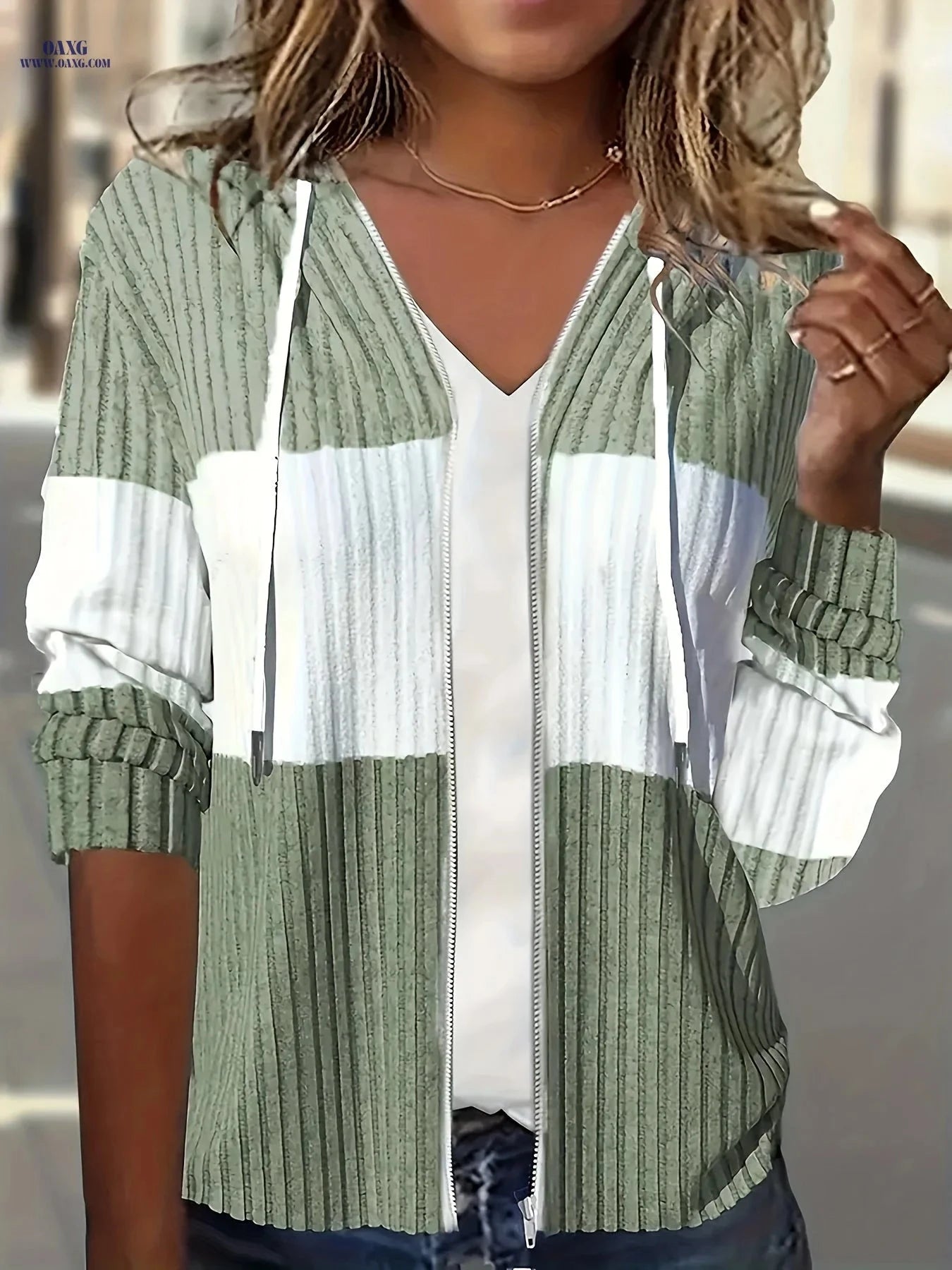 OAXG Casual Striped Patchwork Zipper Hoodie - Color Block Design   OAXG 