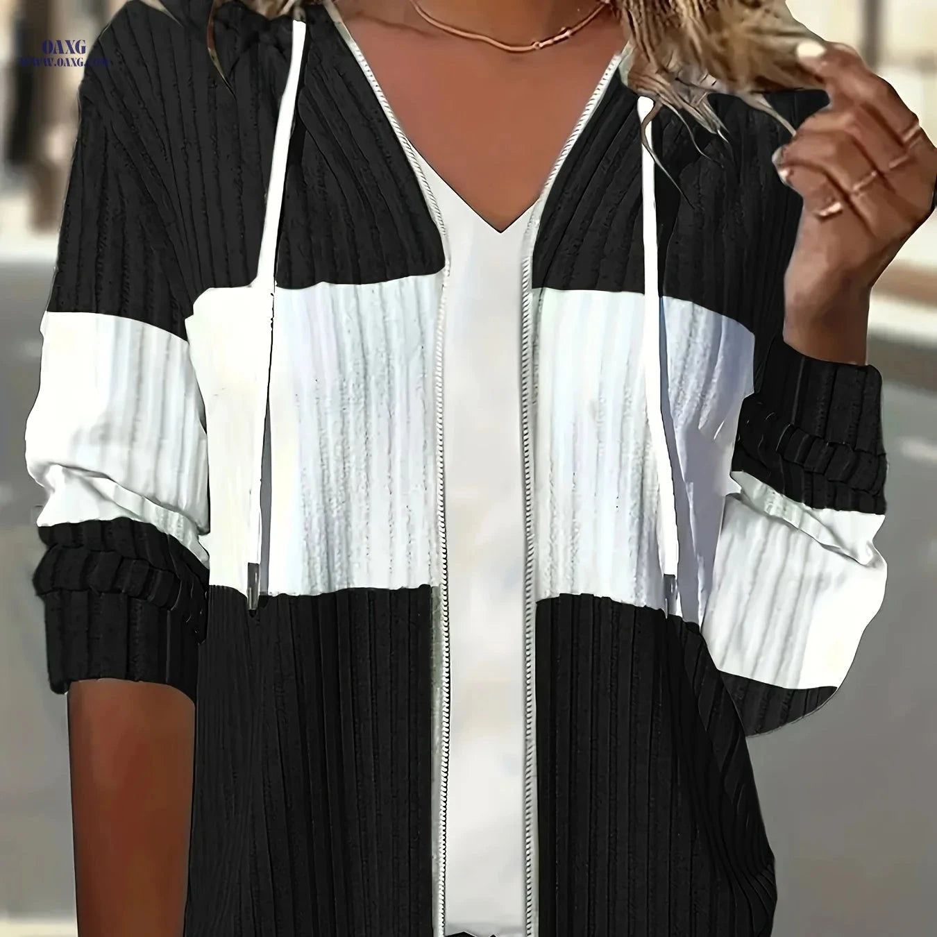 OAXG Casual Striped Patchwork Zipper Hoodie - Color Block Design   OAXG 