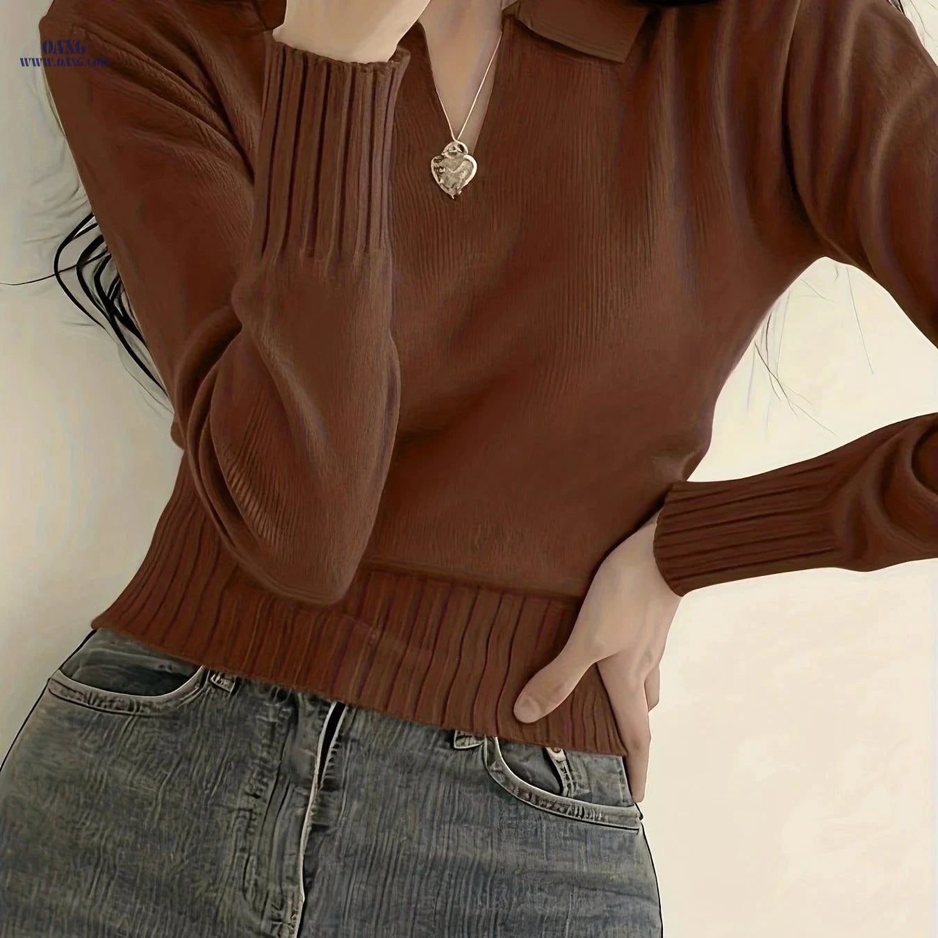 OAXG Casual V-Neck Polo Sweater - Solid Color for All Seasons   OAXG Grey / XS