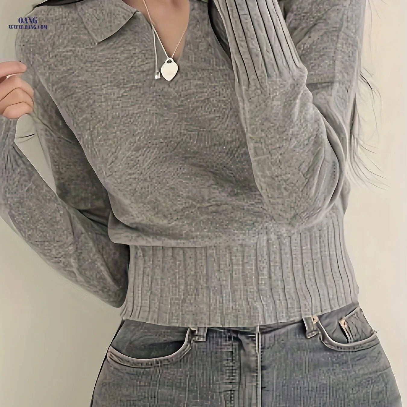 OAXG Casual V-Neck Polo Sweater - Solid Color for All Seasons   OAXG Grey / XS