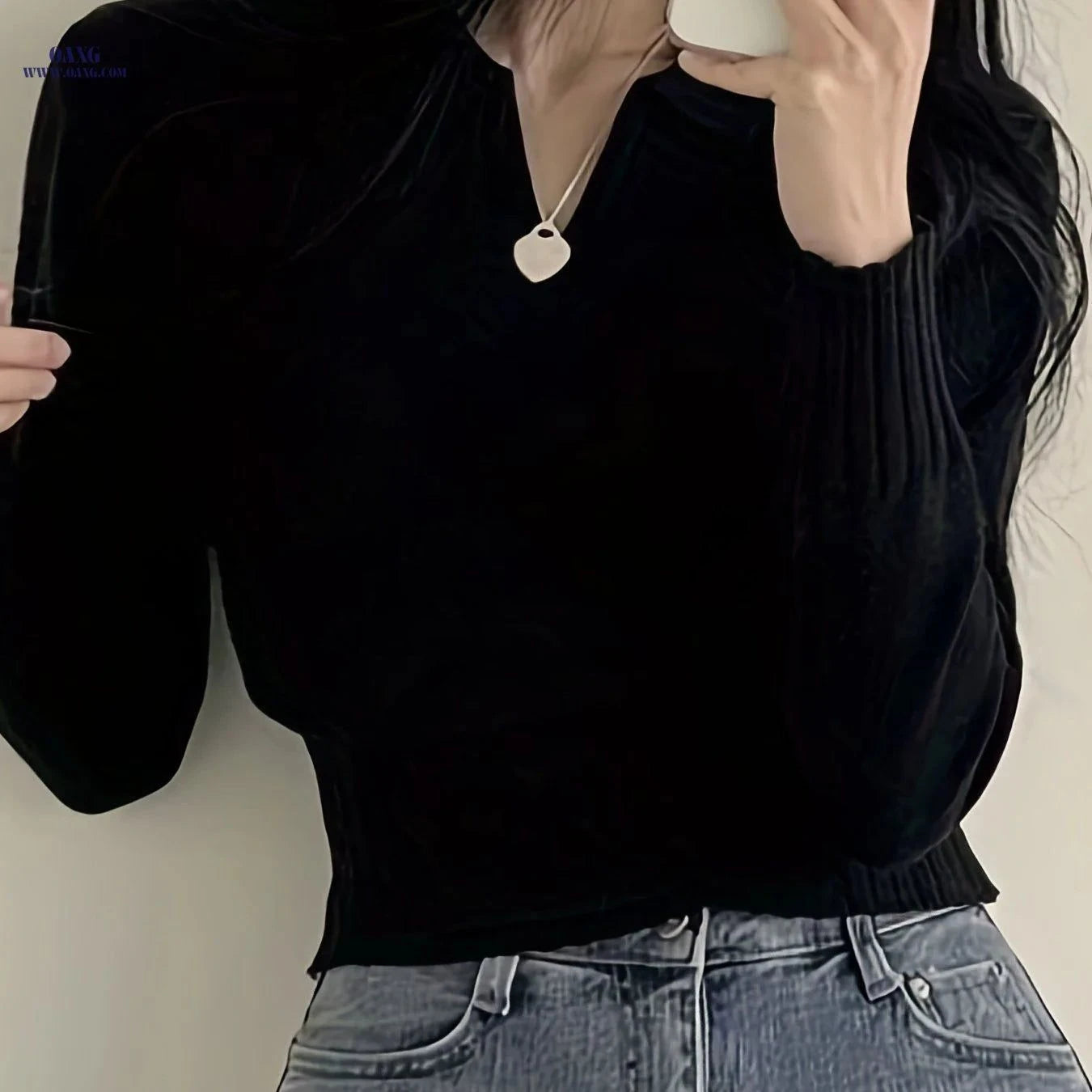 OAXG Casual V-Neck Polo Sweater - Solid Color for All Seasons   OAXG Grey / XS