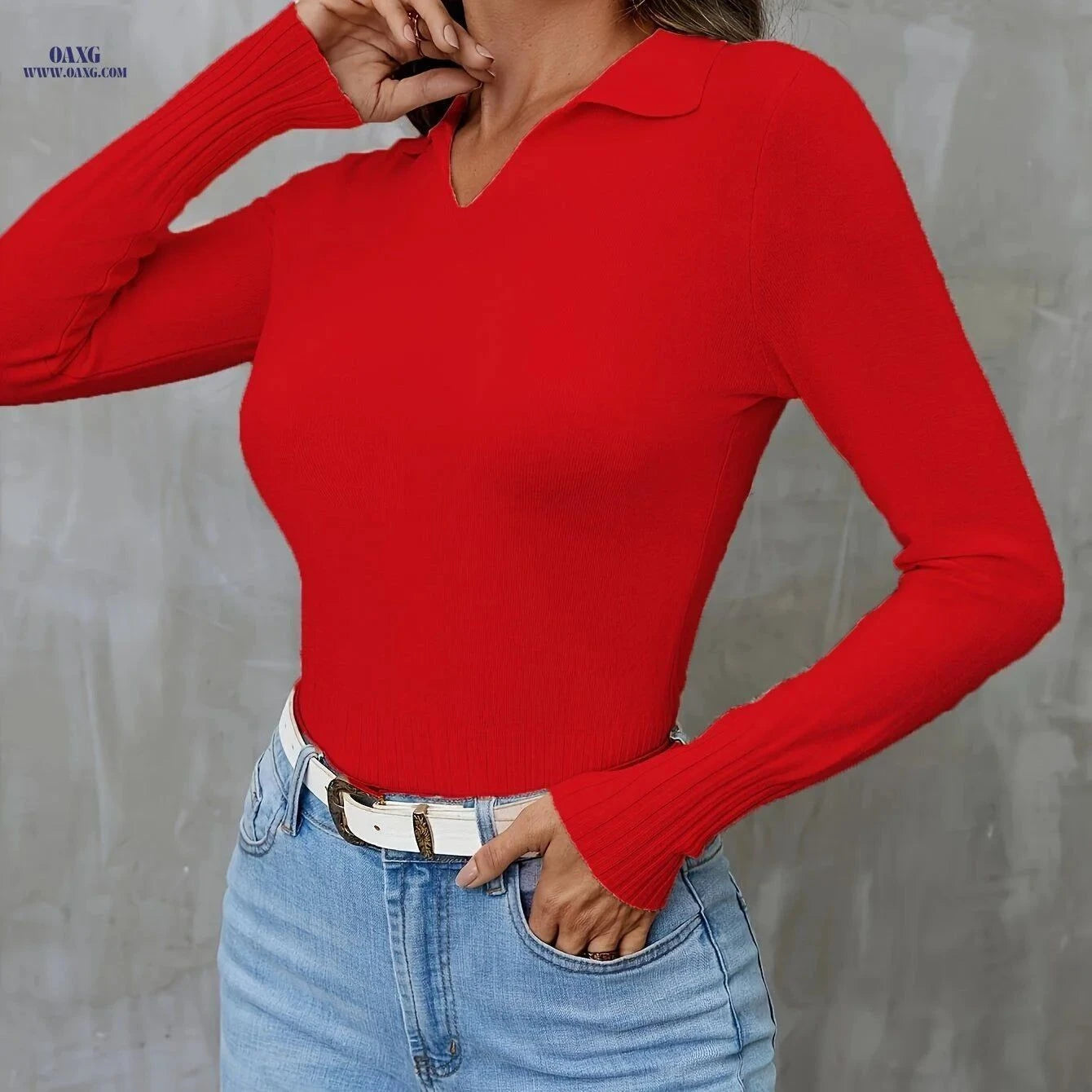 OAXG Casual V-Neck Polo Sweater - Solid Color for All Seasons   OAXG Grey / XS