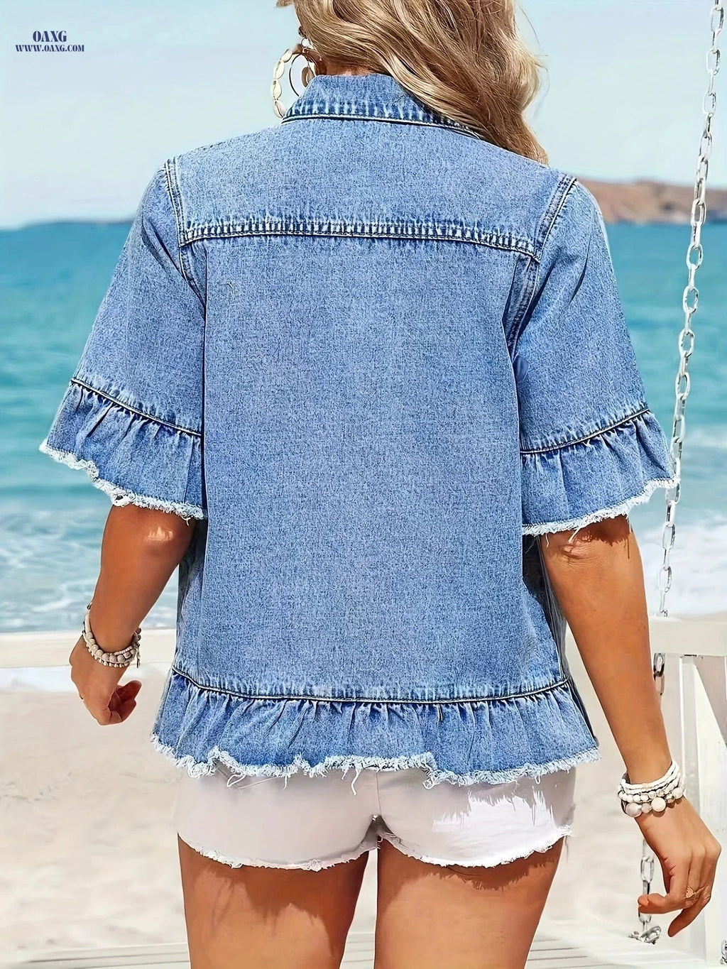 OAXG Casual Women’s Denim Jacket - Raw Edge Short Sleeve Style   OAXG 