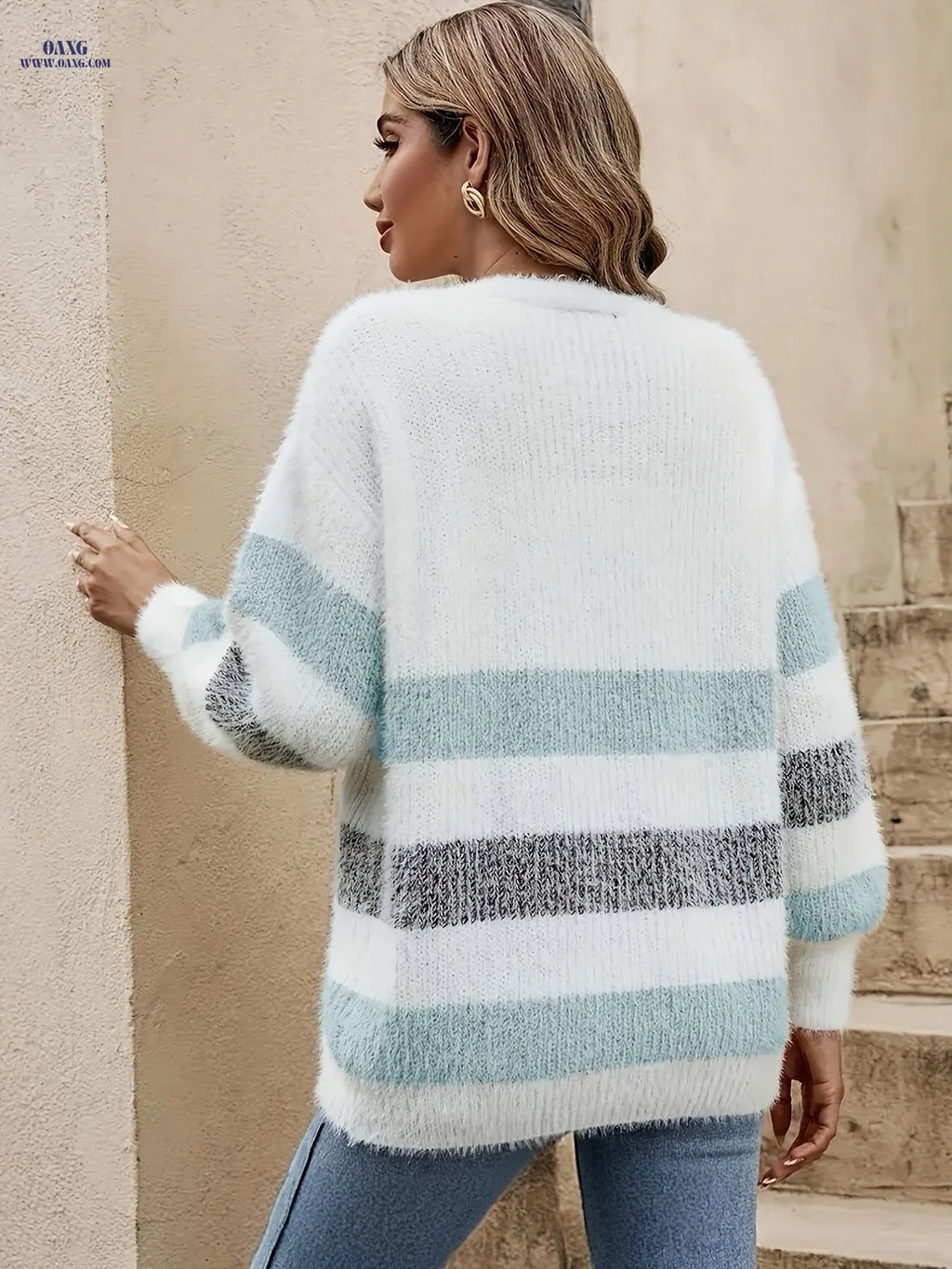 OAXG Classic Striped Loose V-Neck Coat - Lantern Sleeve Style   OAXG Khaki / S