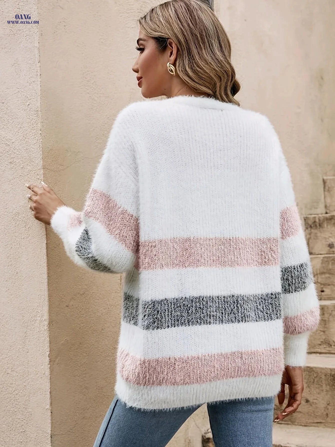 OAXG Classic Striped Loose V-Neck Coat - Lantern Sleeve Style   OAXG Khaki / S