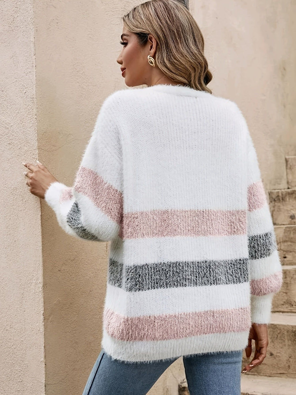 OAXG Classic Striped Loose V-Neck Coat - Lantern Sleeve Style   OAXG Khaki / S