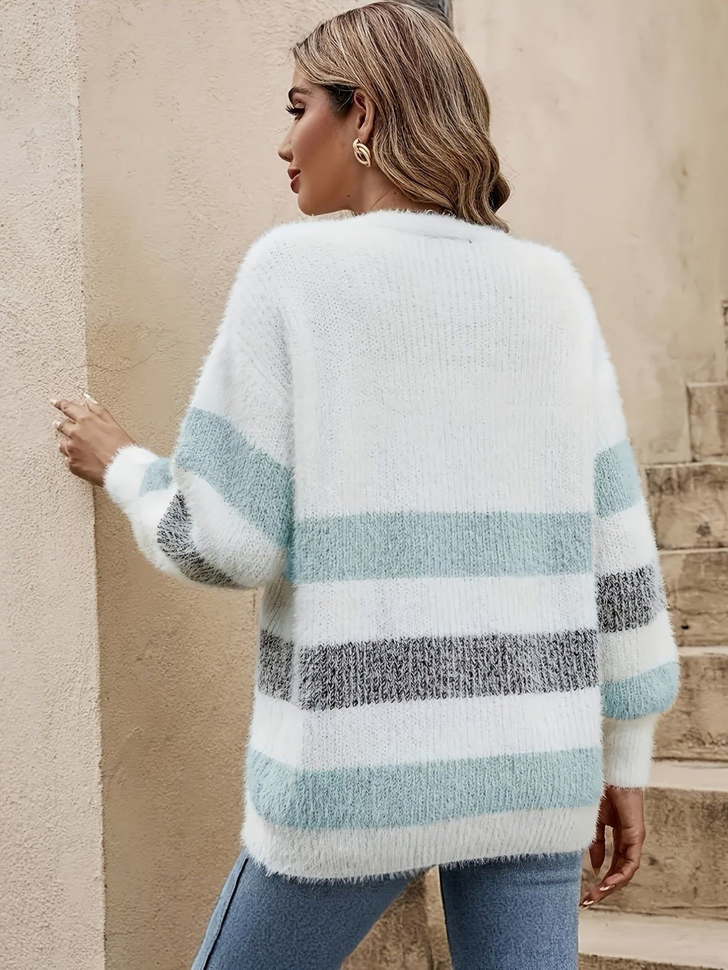 OAXG Classic Striped Loose V-Neck Coat - Lantern Sleeve Style   OAXG Khaki / S