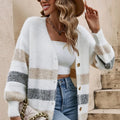 OAXG Classic Striped Loose V-Neck Coat - Lantern Sleeve Style   OAXG Khaki / S