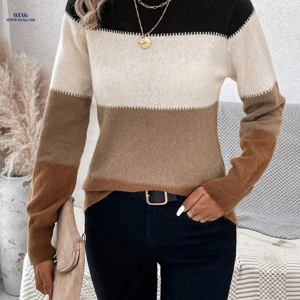 OAXG Color-Block High-Neck Sweater - Elegant Knit Design for All Seasons   OAXG Mixed colors / S
