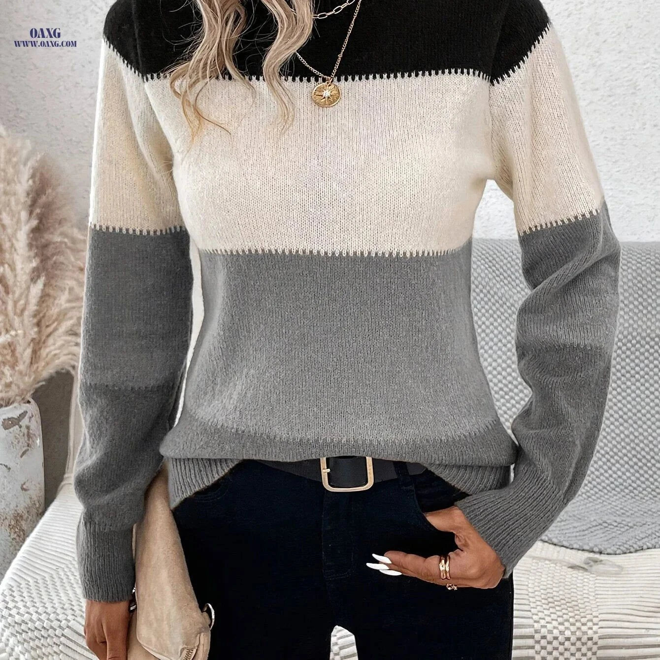 OAXG Color-Block High-Neck Sweater - Elegant Knit Design for All Seasons   OAXG Mixed colors / S