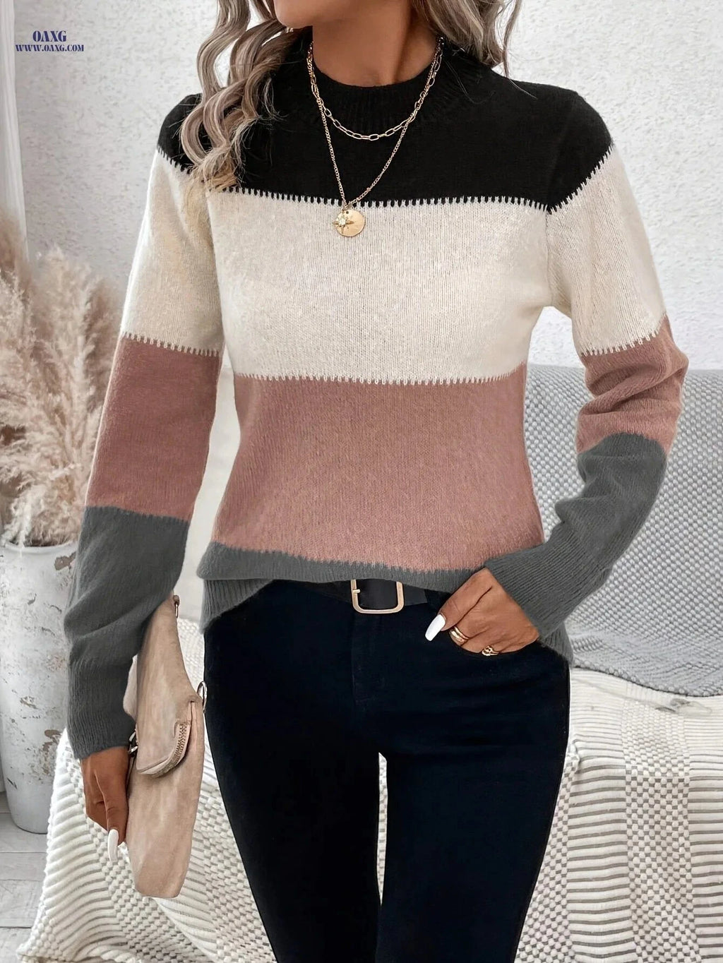 OAXG Color-Block High-Neck Sweater - Elegant Knit Design for All Seasons   OAXG Mixed colors / S