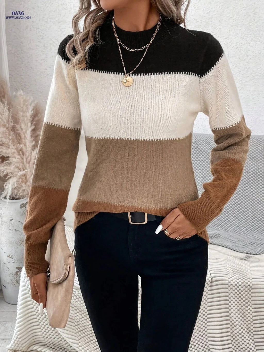 OAXG Color-Block High-Neck Sweater - Elegant Knit Design for All Seasons   OAXG Mixed colors / S