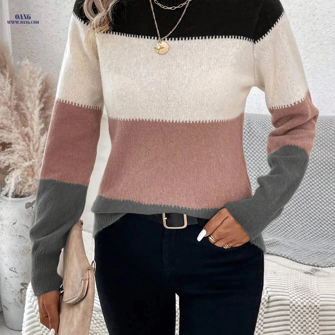 OAXG Color-Block High-Neck Sweater - Elegant Knit Design for All Seasons   OAXG Mixed colors / S